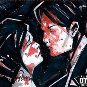 [id] a cropped version of the my chemical romance album cover three cheers for sweet revenge, depicting two people, a man on the right and a woman on the left, covered in blood and seemingly leaning in for a kiss [ /end id]